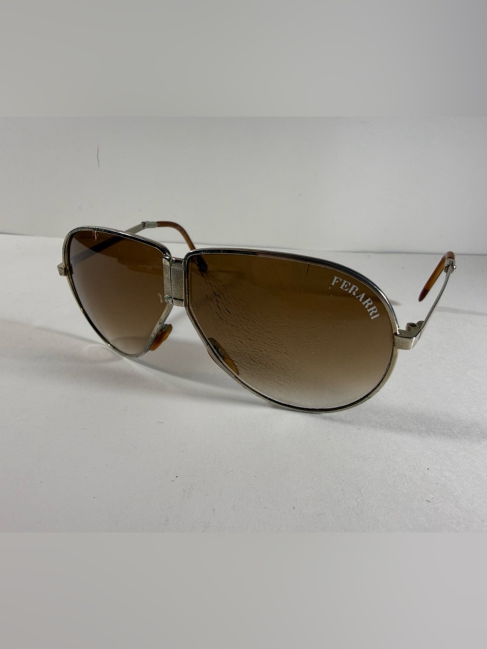 Vtg Ferrari Foldable Aviator Sunglasses Silver Tone Brown Gradient Lens W/Case